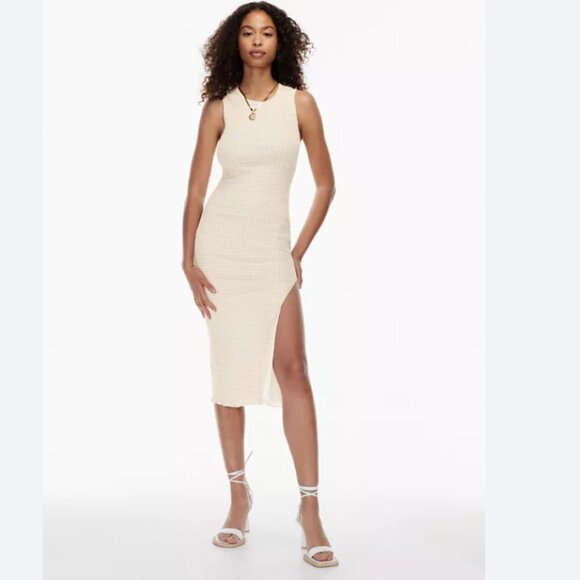 Aritzia Dresses & Skirts - ARITZIA WILFRED VERONA WHITE BEIGE GINGHAM STRETCH SIDE SLIT MIDI DRESS - S